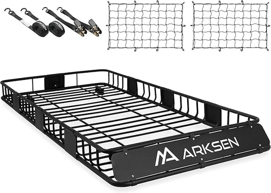 ARKSEN 84" x 39" x 6" Roof Rack Basket with Extension, 2 Cargo Net & Ratchet Straps, 150 lb Heavy-Duty Steel Cargo Carrier, Fits Crossbars up to 1.38" Thick, for SUV & Pickup Truck
