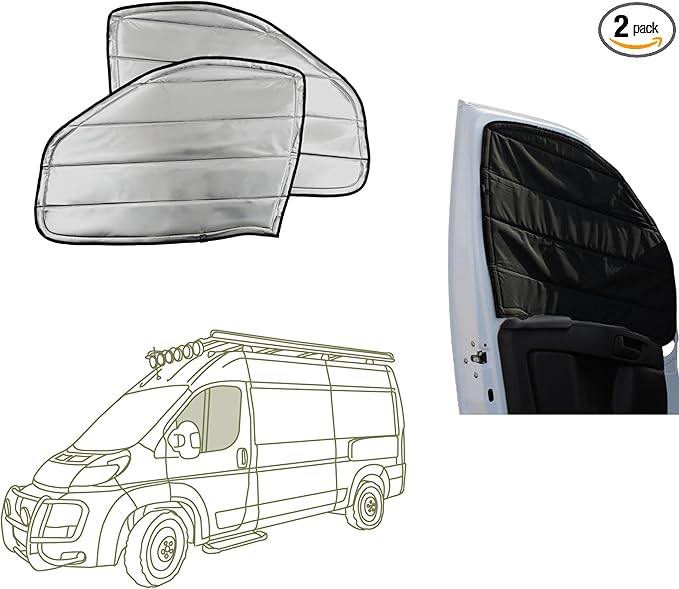 VanEssential Insulated Reflective Blackout Front Door Window Covers Designed for RAM Promaster Van Years 2014 to Current Model (Pair) - Black Reflective