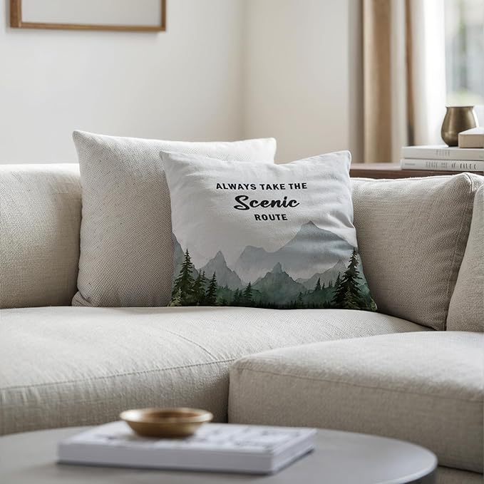 Camping Forest Scenic Mountain Nature Pillow Cover Case 18x18,Camper Lover Gifts,Always Take The Scenic Route Forest Green Camping Pillow Cover Decorative for Home Decor,Rv Pillows Cover,A244