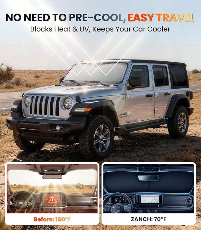 Zanch Custom Windshield Sun Shade for Jeep Wrangler 2018-2026, 7-Layer UV & Heat Block, 3D Laser Scanned, Interior Protection, Keep Car Cooler, Foldable SUV Accessories