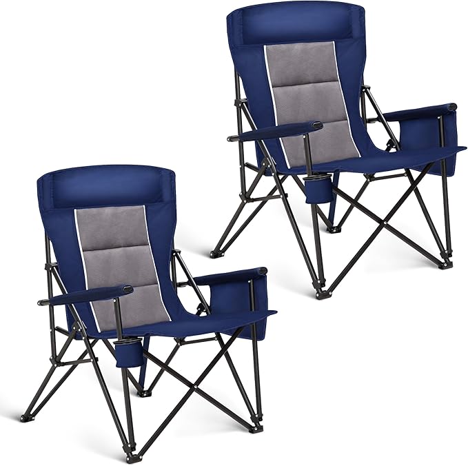 HIGH POINT SPORTS Oversized Camping Chairs for Adults, High Back Heavy Duty Lawn Chair Support 500LBS, Padded Portable Collapsible Outdoor Chair with Cup Holder, Blue, 2 Pack