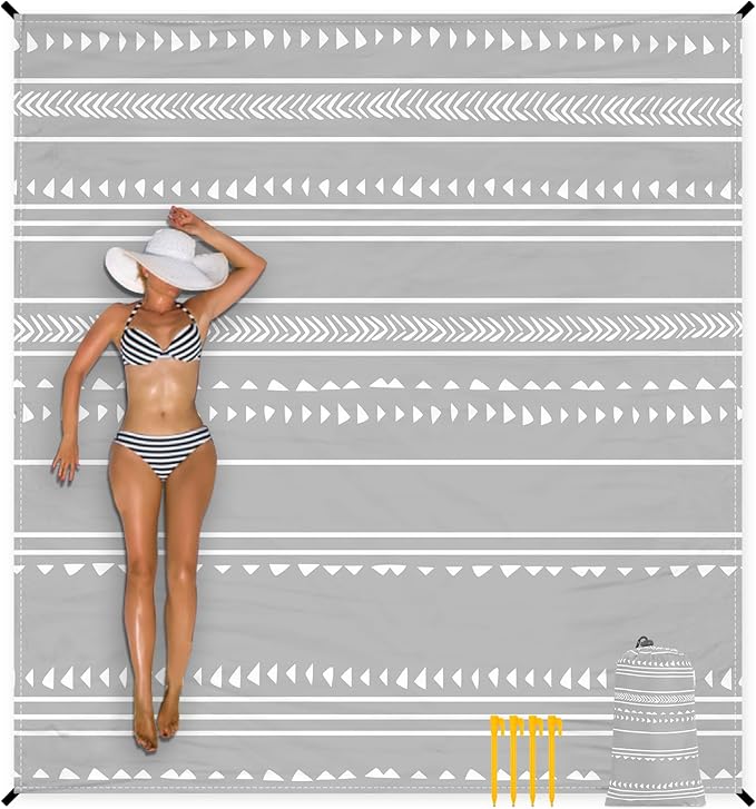 Beach Blanket Waterproof Sandproof, 9x10 FT Extra Large Beach Mat for 2-8 Adult with Stakes & Storage Bag, Sand Free Lightweight Outdoor Picnic Blankets for Travel, Camping, Hiking-Gray Geometry