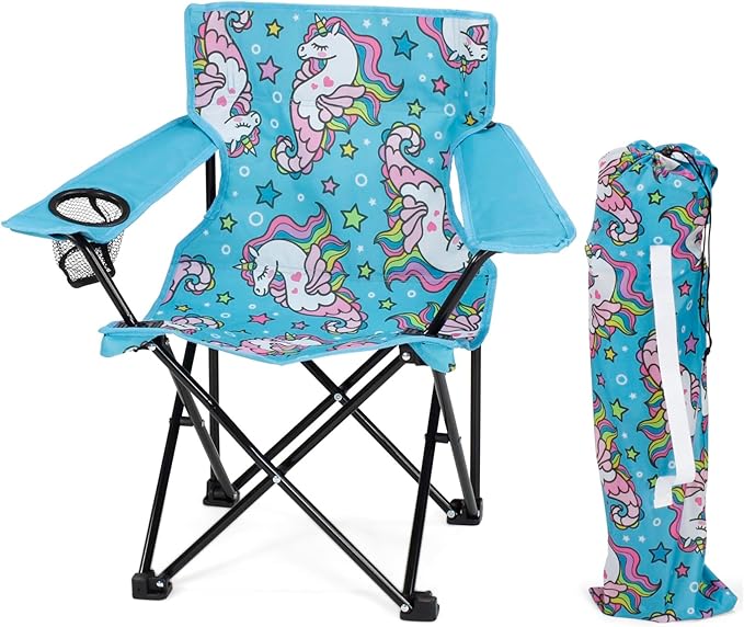 Emily Rose Sea Unicorns Kids Folding Camp Chair – Lightweight Portable Toddler Beach Chair Ages 2-7 with Safety Lock, Cup Holder & Carry Case, 125 lb Capacity for Girls Outdoor Adventures