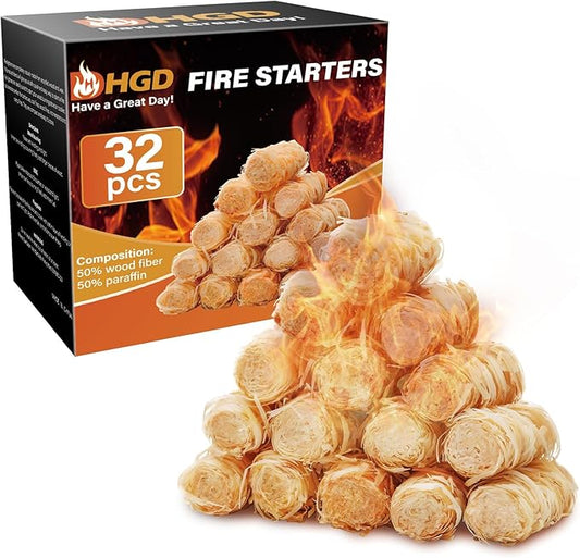 HGD Fire Starter(32pcs), Natural Charcoal Starters, Firestarters for Indoor Fireplace, BBQ, Campfire, Wood Stove, Chimney, Fire Pit, Grill, Smoker, Indoor Outdoor Use, Weather-Resistant