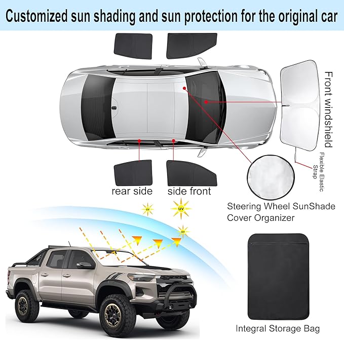5PCS Windshield Sun Shade Custom Fit for 2023 2024 2025 2026 Chevrolet/Chevy Colorado Accessories Foldable Sunshade Side Rear Window Shade Cover Full Set Privacy Protection Keeps Car Cool