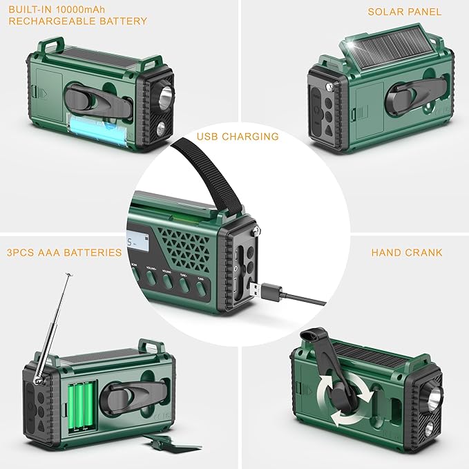 Emergency Crank Weather Radio, 10000mAh Solar Hand Crank Portable NOAA AM FM Battery Power Radio,Weather Alert with Flashlight,SOS Alarm & Reading Lamp,Survival Gifts for Home Outdoor