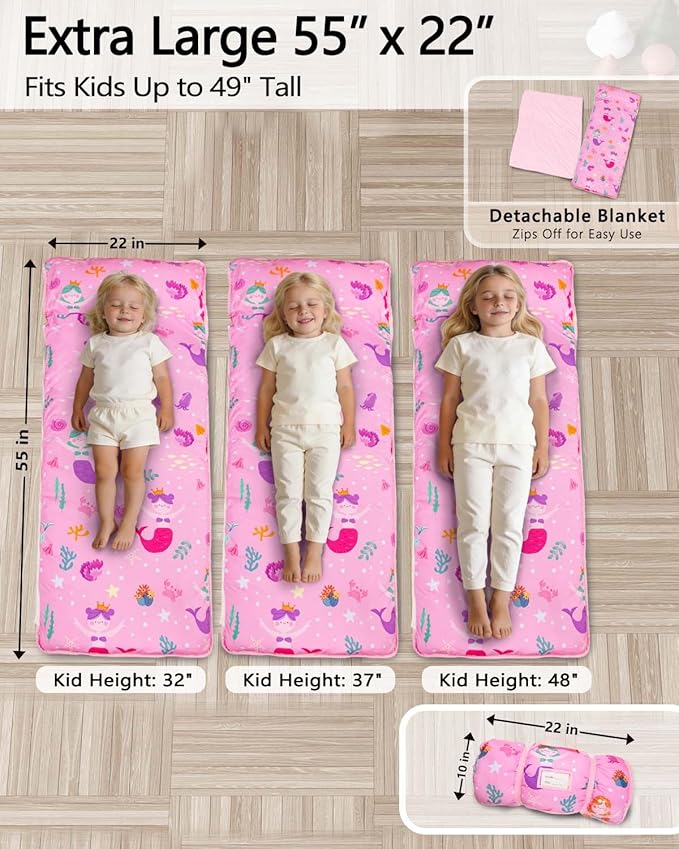 Primlect Toddler Nap Mat Extra Large Thickened 55''x35'', Soft Sleeping Bag with Detachable Minky Blanket and Pillow, Portable for Daycare, Preschool, Kindergarten, Travel, Boys and Girls