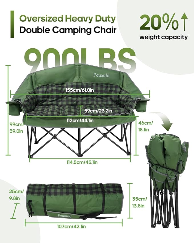Double Camping Chair Padded Loveseat for Adults, Oversized 2 Person Camp Couch with 2 in 1 Carry Bag, Heavy Duty Folding Outdoor Sofa with Cup Holders for Lawn Beach Tailgating, Green