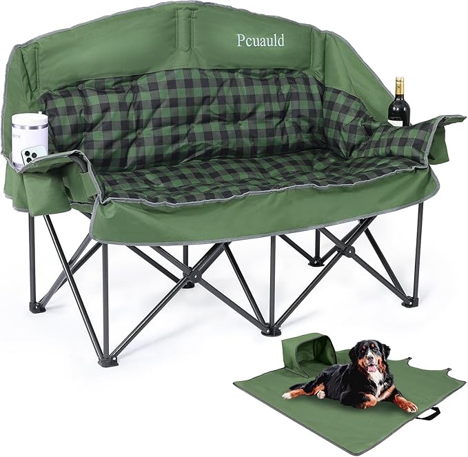 Double Camping Chair Padded Loveseat for Adults, Oversized 2 Person Camp Couch with 2 in 1 Carry Bag, Heavy Duty Folding Outdoor Sofa with Cup Holders for Lawn Beach Tailgating, Green