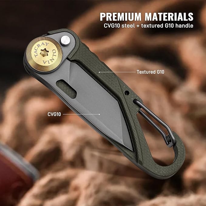 TACRAY Vinto 5-in-1 Small Pocket Knife – Ultra-Light Compact Multitool with Utility Knife, Seatbelt Cutter, Bottle Opener, Flathead Screwdriver & Keyring Attachment for Everyday Carry (Green)