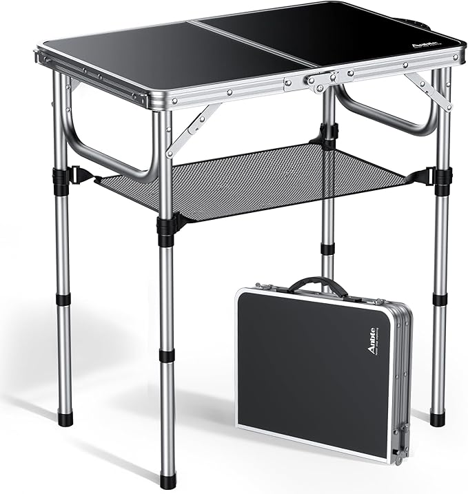 Anbte 2ft Folding Camping Table with Storage Net, 3 Adjustable Heights Small Folding Table Portable & Lightweight with Carry Handle, for Camping Fishing Picnic Beach Outdoor, 22.8"x 15.7", Silver