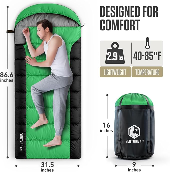 VENTURE 4TH Backpacking Sleeping Bag – XXL, Double and Single Sizes - Lightweight Warm & Cold Weather Sleeping Bags for Adults, Kids & Couples – Ideal for Hiking, Camping & Outdoor Adventures