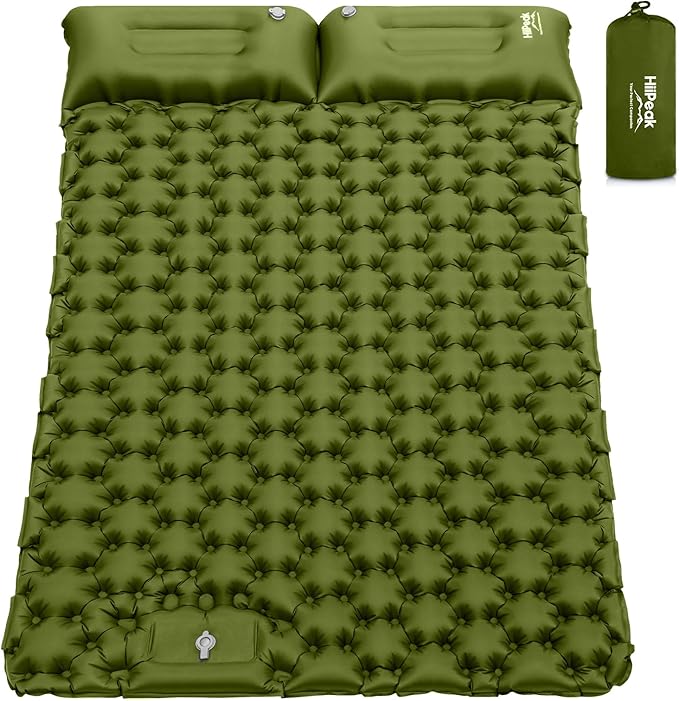 HiiPeak Double Sleeping Pad - Self Inflating 3" Extra-Thick for 2 Person with Pillow Built-in Foot Pump Inflatable Sleeping Mat for Backpacking, Hiking, Traveling, Tent, Portable Camping Mat (Green)