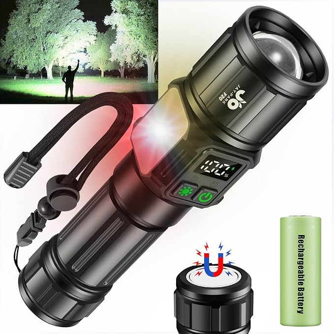 JAY-PARK Flashlights High Lumens, Rechargeable Flashlight 100000 Lumens with Magnetic, Bright Flash Light 9 Modes with 5000 mAh Battery, Tactical Flashlight for Camping, Hiking, Dog Walking