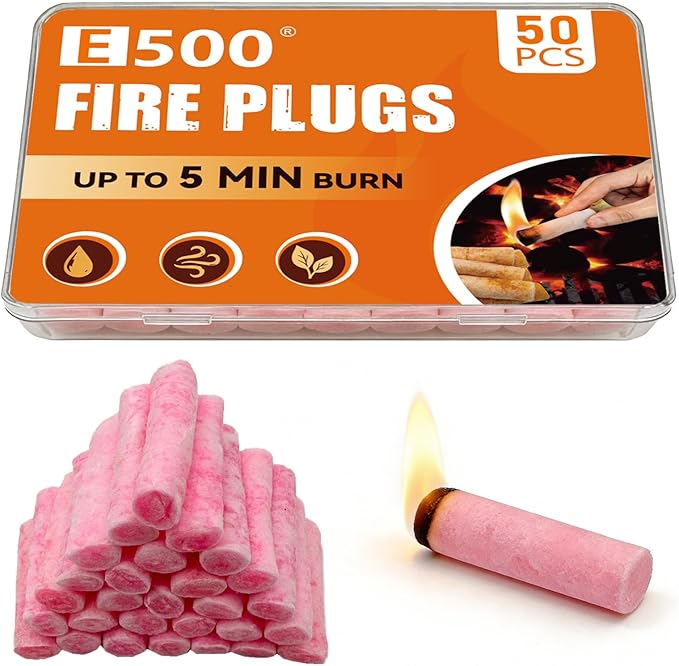 E500 Fire Plugs Waterproof Fire Starter, 50 Count, Weatherproof Fire Starters for Campfires, Survival Kits, Emergency Use, Grills & Fireplaces