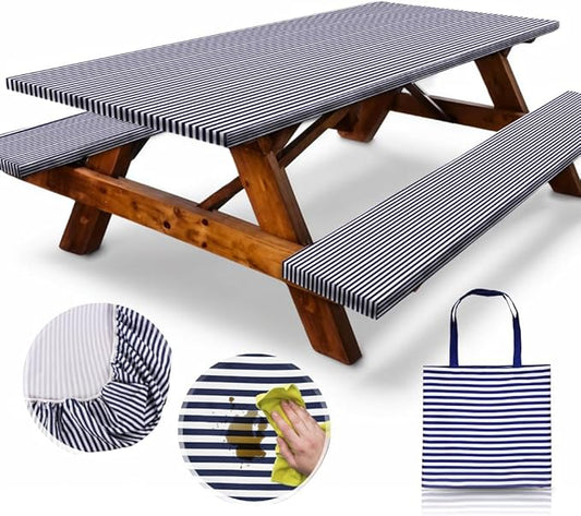 RNOONY 8ft Polyester Picnic Table Cover with Bench Covers Windproof & Waterproof Tablecloth, Perfect Camping Gifts, RV Essentials, Cool Camping Gadgets, Carrying Bag, 96x30 Inches 4Pcs Blue Stripes