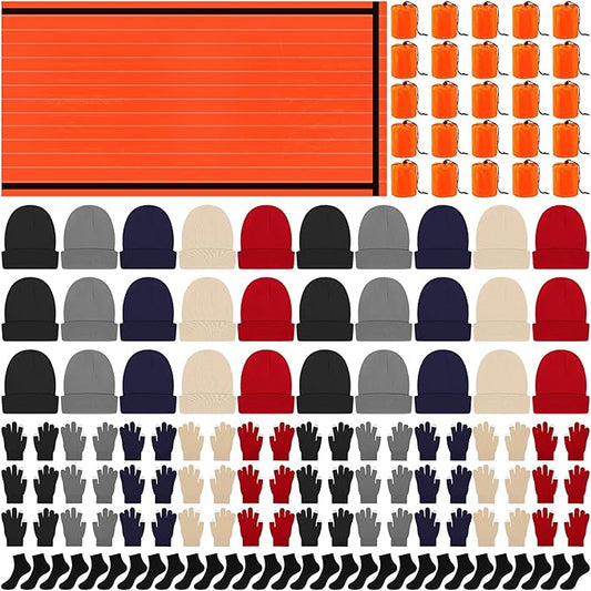 Chicingyou 120 Pcs Homeless Care Package Supplies Bulk Winter Emergency Thermal Blankets Warmer Beanie Socks Touchscreen Gloves for Men Women Cold Weather Outdoor Survival Kits(Multicolor)