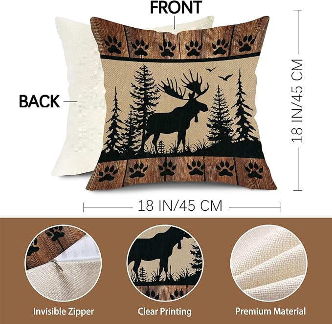 Wildlife Cabin Decorative Throw Pillow Covers 18 x 18 Set of 4, Vintage Forest Animals Reindeer Wolf Bear Porch Outdoor Home Decor, Retro Farmhouse Woodland Pine Tree Sofa Couch Cushion Case