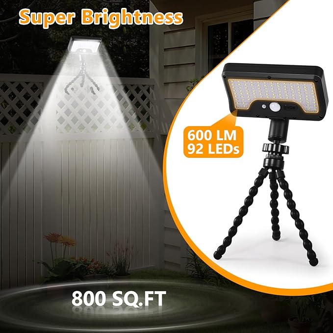 Solar Motion Lights Outdoor with Flexible Octopus Tripod, USB & Solar Powered Motion Sensor Lights with 92 LEDs, IP65 Waterproof Motion Activated Light for Fence, Camping (2 Pack, Cool White)