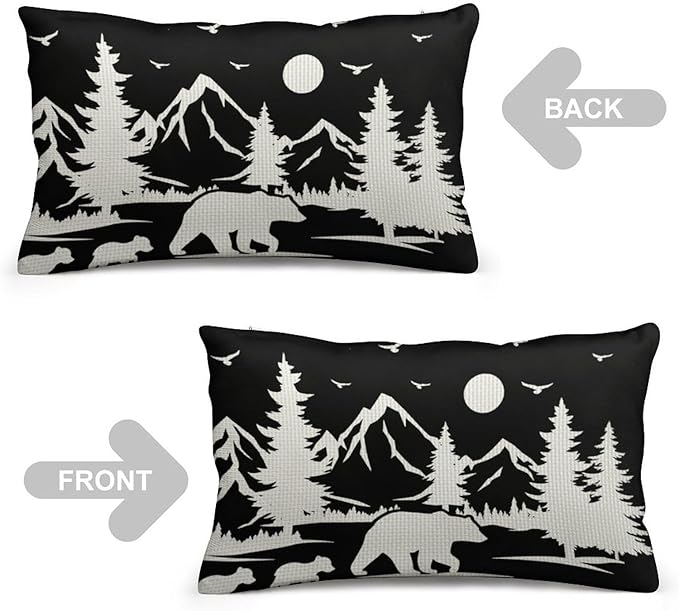 ITFRO Set of 2 Nice Gift Bear Throw Pillow Cover Pine Tree Forest Mountains Cotton Linen Lumbar Animal Cushion Case Farmhouse Home Decor for Bed Sofa Couch 12x20 Inches (Bear Set)