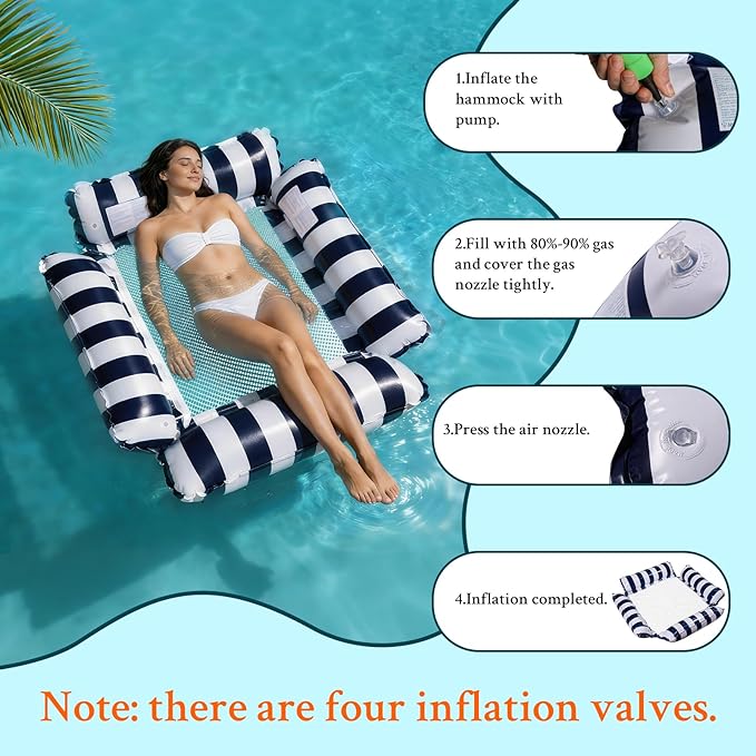 Pool Floats Adult Inflatable Hammock with Cooling Mesh, Portable Foldable Water Chair for Beach Vacation Essentials, Striped Floaties for Adults, Lightweight for Travel & Summer Relaxing