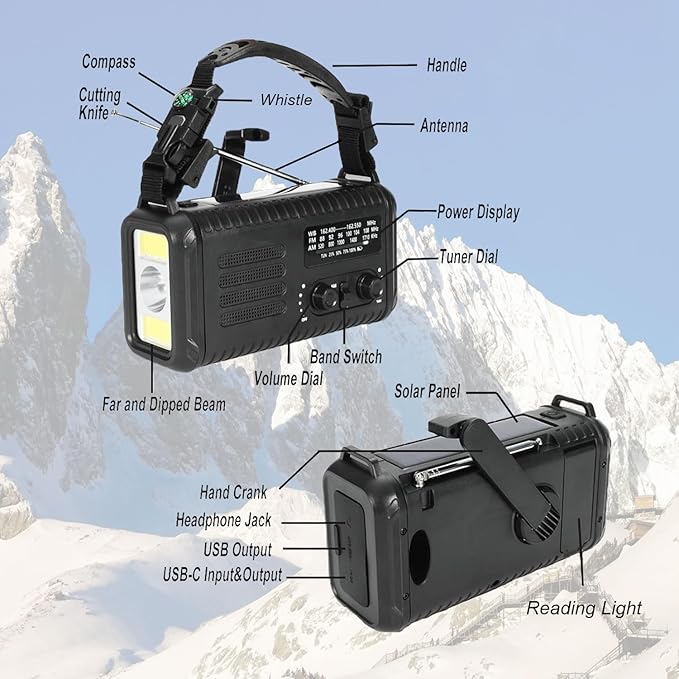 20000mAh/ 74000mWh Hand Crank Emergency Radio, AM/FM/NOAA Weather Radio, Battery Powered Solar Radio with USB Phone Charger, Reading Lamp Flashlight & SOS for Emergency (Black)