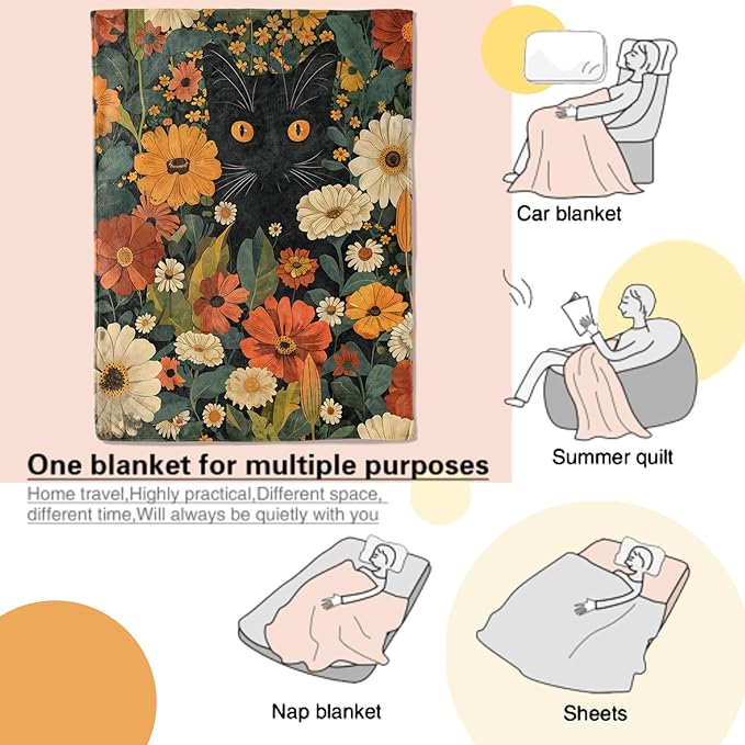 Black Cat Blanket Cute Orange Eyes Kitten Surrounded by Autumn Flowers Throw Blankets Lightweight Flannel Throws for Camping Couch Chair Office Home Decor Gifts for Pet Lover,80x60inch