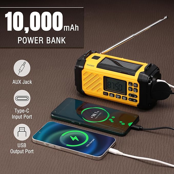 Raddy SH-906 Emergency Radio, 10000mAh NOAA Weather Alert Hand Crank Solar AM/FM/SW/VHF Radio with Flashlight, Reading Lamp, SOS, Compass, Cell Phone Charger for Survival Outdoor