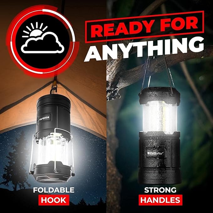 2 Pack Camping Lantern - Portable LED Battery Powered Lantern with Magnetic Base and Foldable Hook for Emergency Use or Campsites, Essential Hurricane Survival Kit | Batteries Included