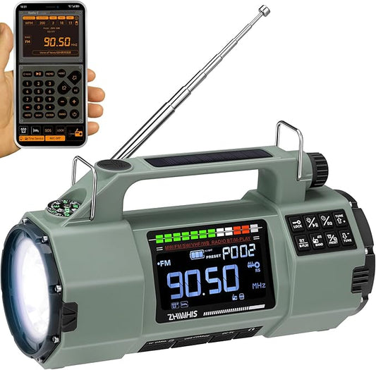 ZHIWHIS Emergency Radio with Bluetooth, Multi-Function Portable Radios with LCD VA Display, FM/MW/SW/VHF/WB Receiver with Alerts, Hand Crank/Solar/USB Charging, 5000mAh for Emergencies ZWS-908(Green)