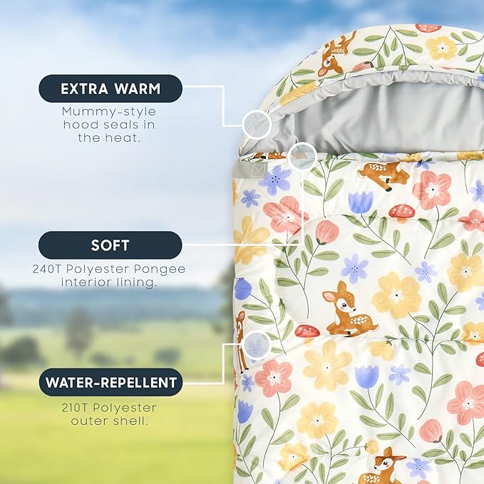 Wake In Cloud - Kids Sleeping Bag for Girls Toddlers, Camping in Warm Cold Weather, Backpacking Lightweight Compact Outdoor Liner for 3 Seasons, Deer Floral Garden