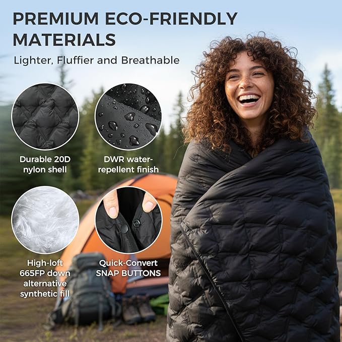 ATEPA Wearable Sleeping Bag, Recycled Water-Resistant Camping Blanket Poncho, Ultralight Packable Stadium Blanket for Outdoor