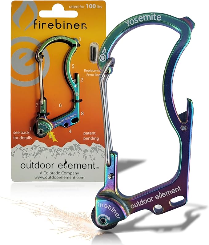 OUTDOOR ELEMENT Firebiner Custom Engraved 6-in-1 Fire Starter Carabiner Multitool – Survival Gear EDC Keychain with Utility Blade, Bottle Opener, Screwdriver, Emergency Tool