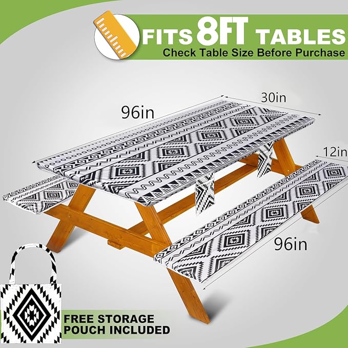Picnic Table Cover with Bench Covers Vinyl Elastic Edges Fitted Rectangle Seat Tables Waterproof 3-Piece96X30in Set Outdoor Rectangular Folding Backing Tablecloth for Camping Over Size