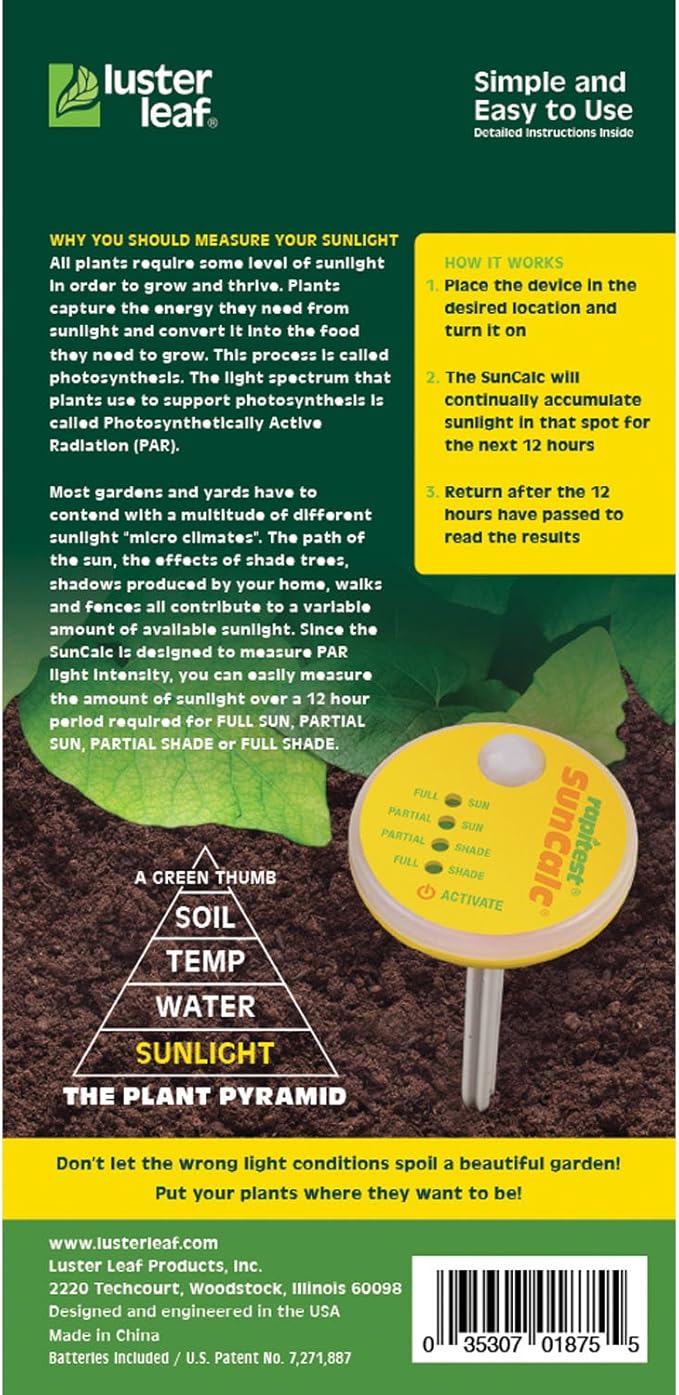 Luster Leaf 1875 Rapitest SunCalc Sunlight Calculator for Gardens – Measures Full Sun, Partial Sun, Partial Shade, and Full Shade. Designed and Engineered in the USA.