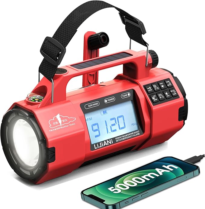 Emergency FM/AM/SW Weather Radio, Big Flashlight/Speaker,Type-C,Sleep Timer Alarm Clock, Solar/Hand Crank Charge, 5000mAh Replaceable Battery,with Cell Phone Charger Hurricane Storm Survival kit
