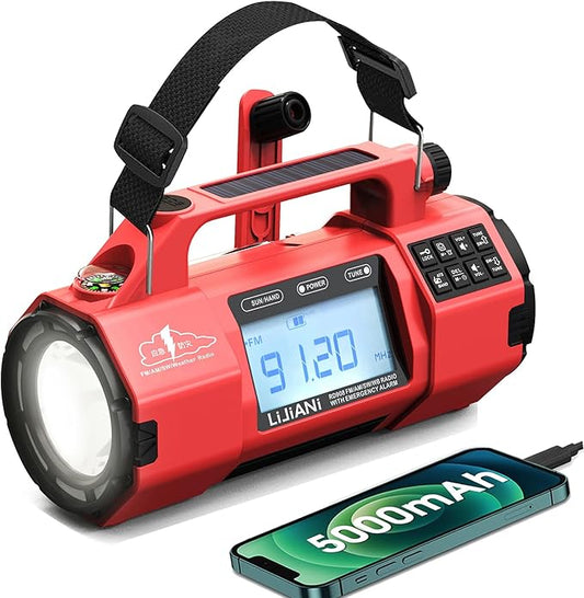 Emergency FM/AM/SW Weather Radio, Big Flashlight/Speaker,Type-C,Sleep Timer Alarm Clock, Solar/Hand Crank Charge, 5000mAh Replaceable Battery,with Cell Phone Charger Hurricane Storm Survival kit