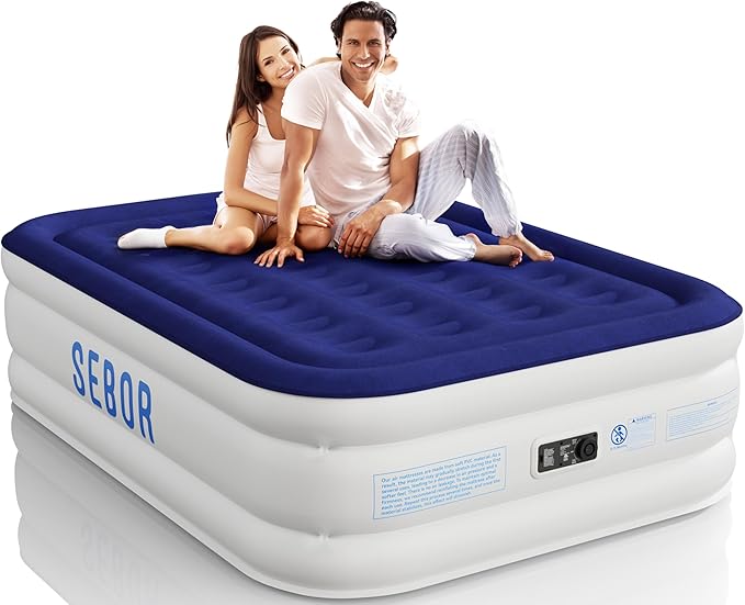 Sebor Air Mattress Full with Built-in Pump 18", Comfortable Self-Inflating Air Mattress with High-Speed Pump, Durable Blow Up Mattress Full with Storage Bag for Guests, Camping, Travel