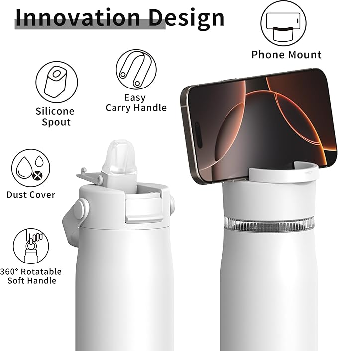 LISI 24oz Insulated Water Bottle, Double Wall Stainless Steel Water Bottles with Straw, 100% Leak-Proof Travel Thermal Canteen Mug with 2 Lids (Straw, Phone Holder Lid)