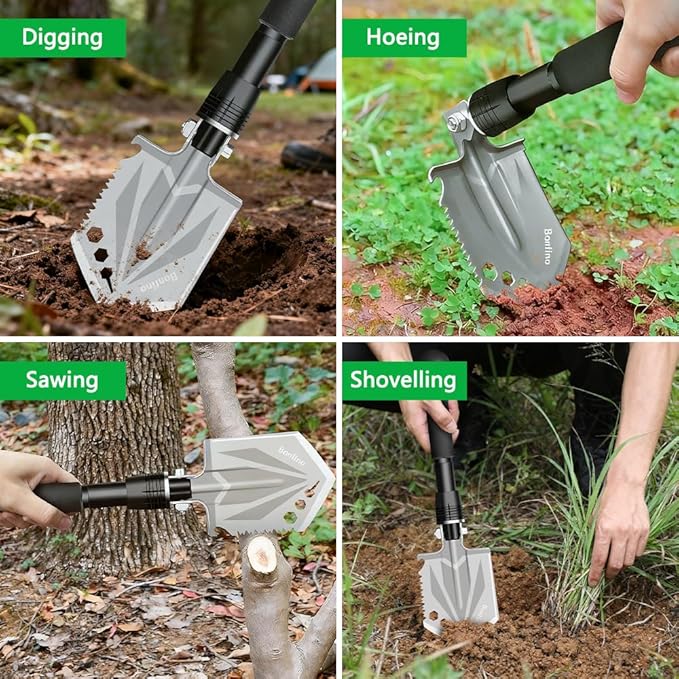 Foldable Camping Shovel - 14.6" High Carbon Steel Portable Multitool Entrenching Tool for Backpacking, Hiking, Survival & Car Emergency - Lightweight & Rustproof (Basic 14.6" E-Tool)