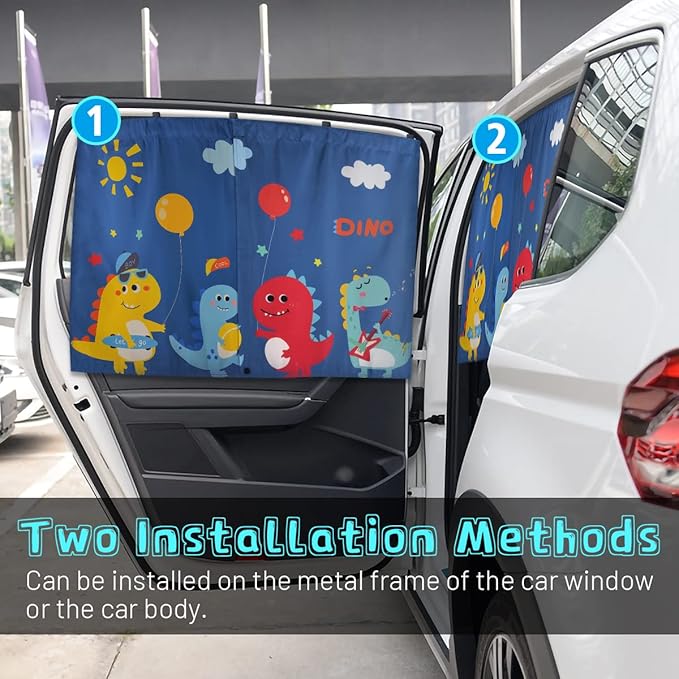 DIZA100 Car Window Shades, 2 PCS Magnetic Double Layer Sun Shade, Side Windows Privacy, Full Covers/Half Shade Options, Cute Dinosaurs, Compatible with Car, SUV, Minivan