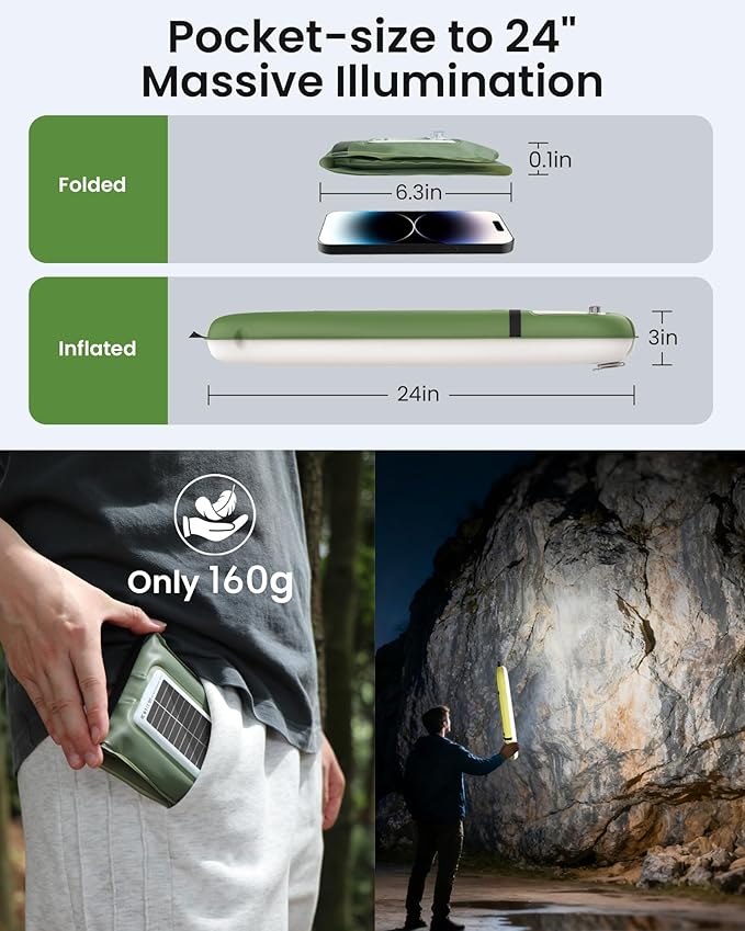 2 Pack 24" Inflatable Solar Camping Lantern, Magnetic LED Tube Light with USB-C 2000mAh Power Bank, IP66 Waterproof TPU Tent Light for Hurricane Emergency, Backpacking & Off-Grid Survival