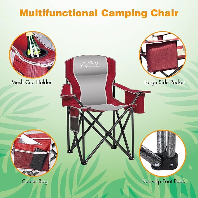 Folding Camping Chair Portable Outdoor Heavy Duty Padded Chairs Lawn Chair with Cup Holder, Storage Pocket and Cooler Bag, Supports 480LBS Red
