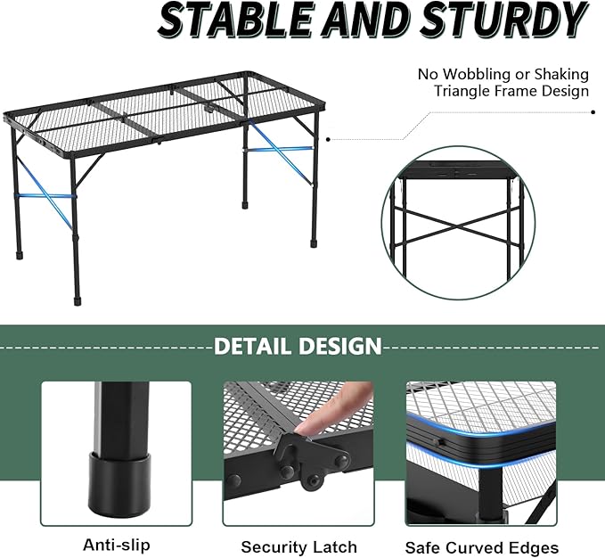 WildFinder Folding Gril Table, 4x2 FT Camping Table with Mesh Desktop,Height Adjustable Folding Grill Table with Mesh Bag,Portable Outdoor for Picnic,Camping,BBQ,Beach(Black)