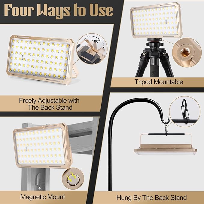 Solar Rechargeable Work Light with Power Bank & Battery Indicator, 178 LED Portable Flood Light with Magnetic Base, 4 Modes IP44 Waterproof Job Site Lamp for Camping, Fishing, Car Repair (Gold Body)