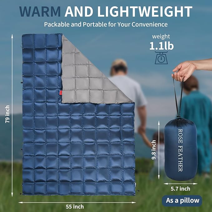 Down Camping Blanket - Lightweight, Packable, Warm & Puffy Outdoor Travel Quilt for Sleep, Hiking, Backpacking, Stadium, Festivals, Water-Resistant Sleeping Bag 55"x79"
