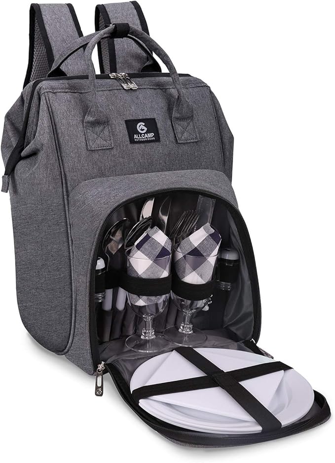 ALLCAMP Picnic Backpack for 2 Person - Insulated Cooler Bag with W/Fleece Blanket, Plates and Cutlery Set, for Family Outings, Couple Gifts
