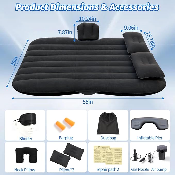 Onirii Inflatable Car Air Mattress Back Seat Bed with Air Pump,55 "x 35" Portable Thickened Car Travel Camping Sleeping Air Mattress Blow Up Bed for Car Universal SUV