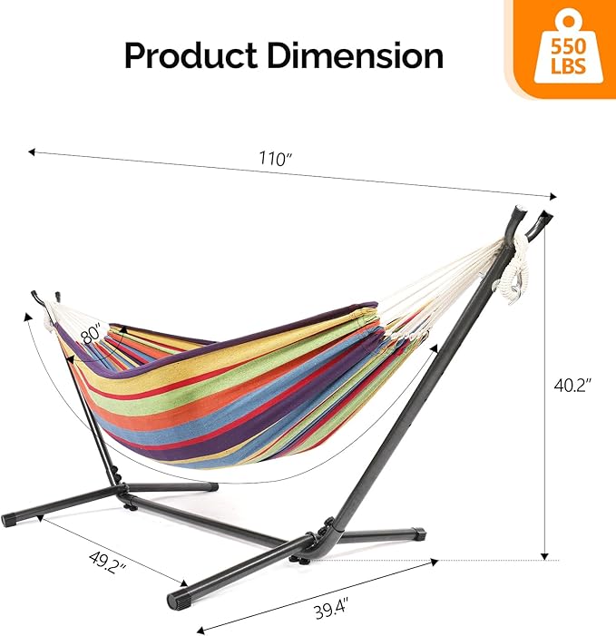 ONCLOUD 550 LBS Capacity Double Hammock with Stand Included with Portable Carrying Bag, Heavy Duty 2-Person Hammock for Outdoors & Indoors - Desert Stripe, Series TDCTZ1 - Rainbow Stripe