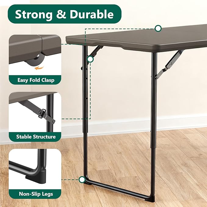 Folding Table 4ft - Heavy Duty Fold-in-Half Plastic Table with Adjustable Height, Portable Utility Tables with Steel Legs for Indoor, Outdoor, Picnic, Camping, Dining, Party (Khaki)